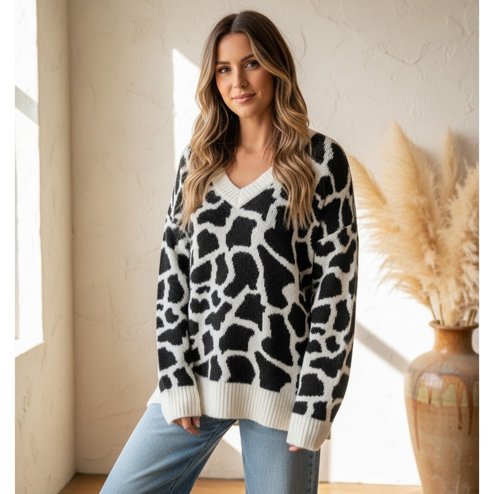 NEW Loft Sweater Black Cream Animal V Neck Boho Casual Bold Indie Maximalist M